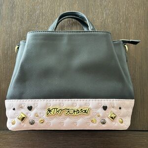 Betsey Johnson Studded Satchel Bag Black Pink Heart Quilted Logo Purse
